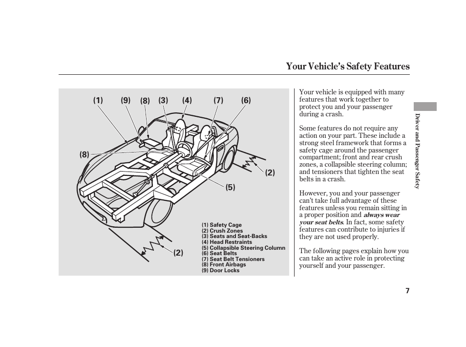 Your vehicle’s safety features | HONDA 2008 S2000 User Manual | Page 13 / 270