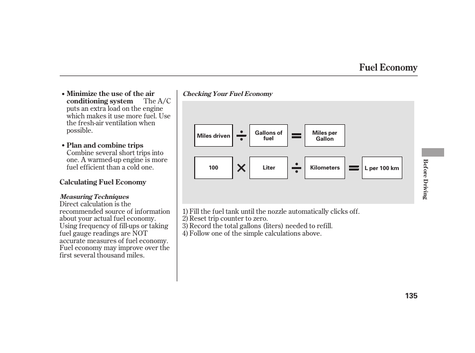 Fuel economy | HONDA 2008 S2000 User Manual | Page 141 / 270