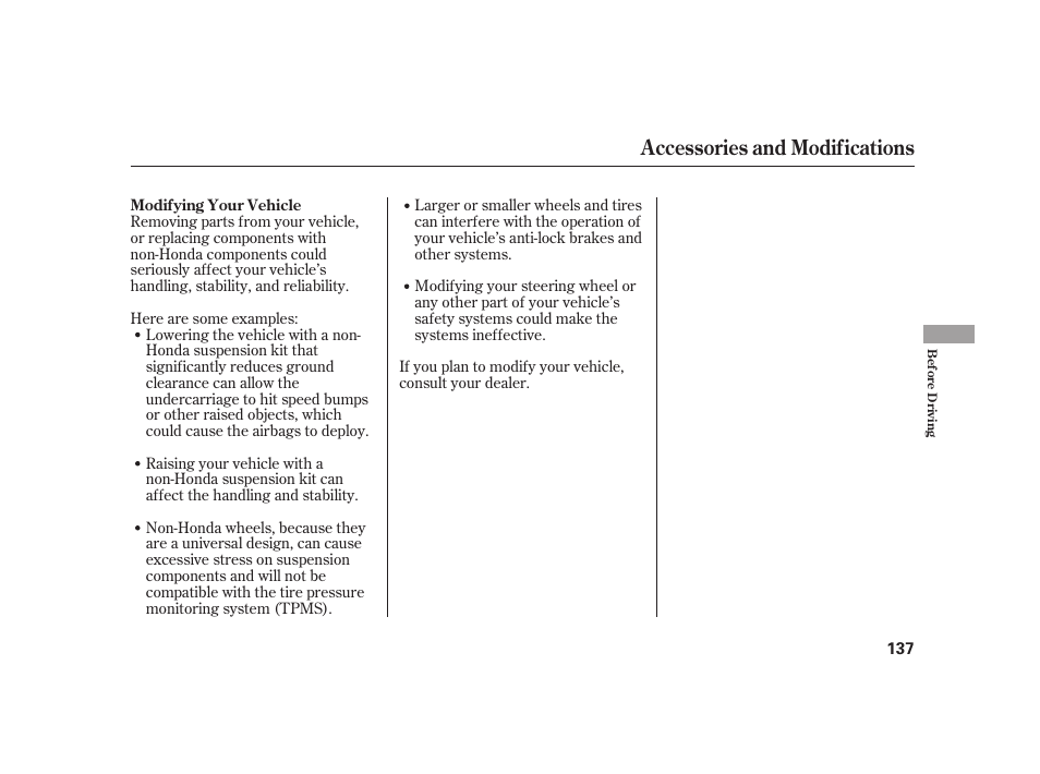 Accessories and modifications | HONDA 2008 S2000 User Manual | Page 143 / 270