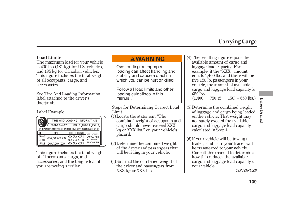 Carrying cargo | HONDA 2008 S2000 User Manual | Page 145 / 270