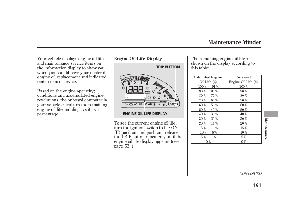 Maintenance minder | HONDA 2008 S2000 User Manual | Page 167 / 270