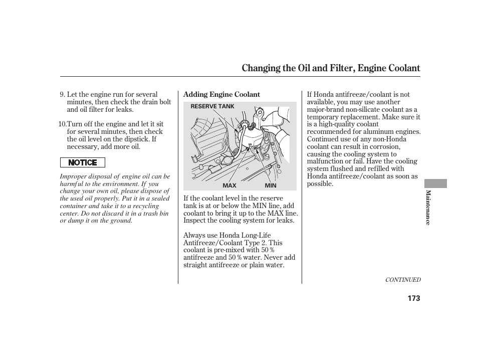 Changing the oil and filter, engine coolant | HONDA 2008 S2000 User Manual | Page 179 / 270