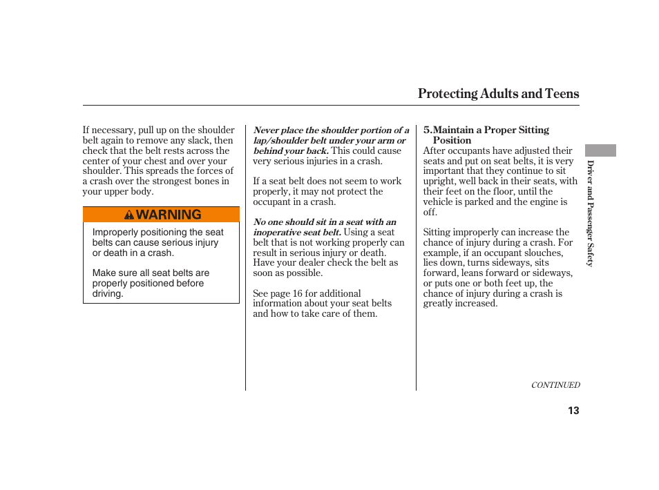 Protecting adults and teens | HONDA 2008 S2000 User Manual | Page 19 / 270