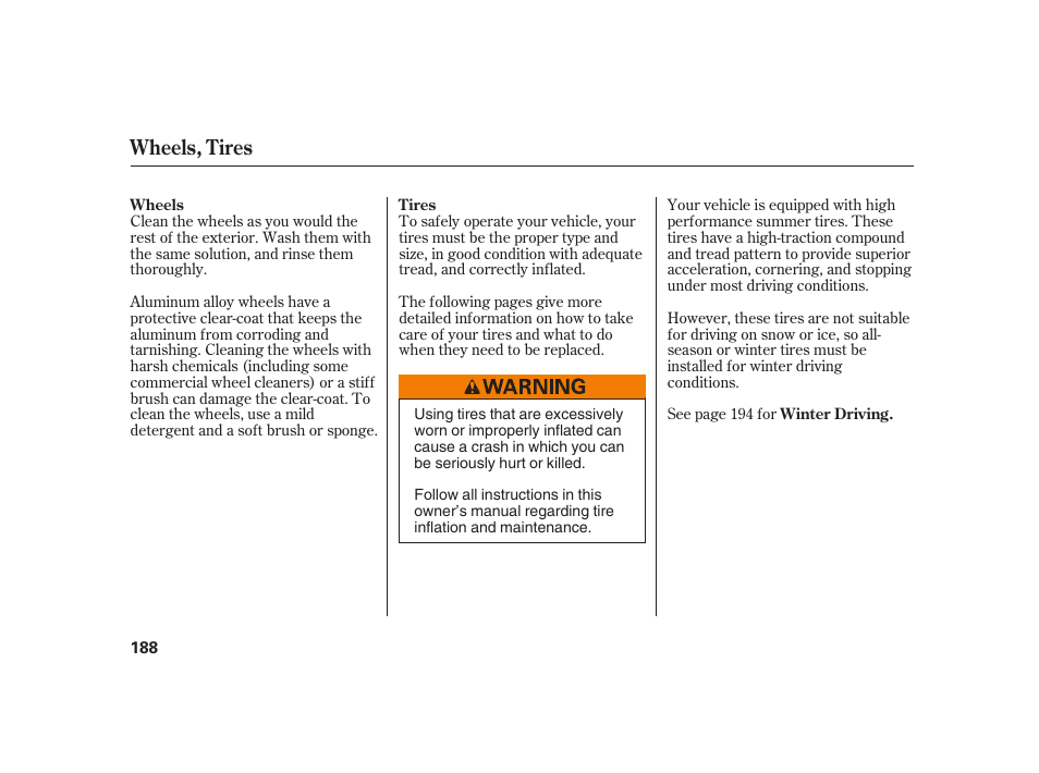 Wheels, tires | HONDA 2008 S2000 User Manual | Page 194 / 270