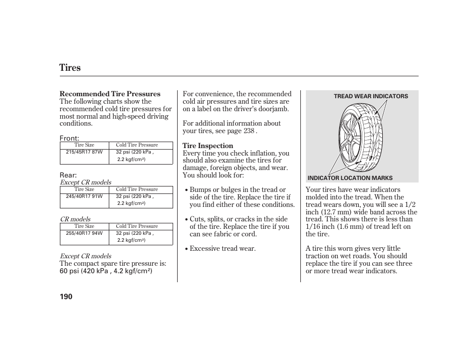 Tires | HONDA 2008 S2000 User Manual | Page 196 / 270