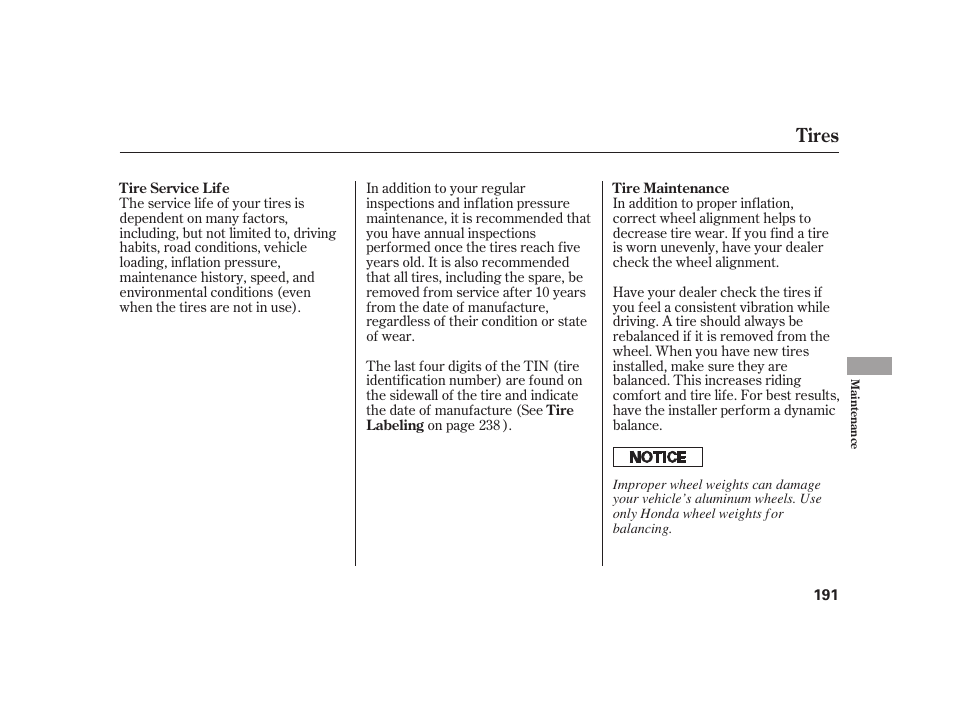 Tires | HONDA 2008 S2000 User Manual | Page 197 / 270