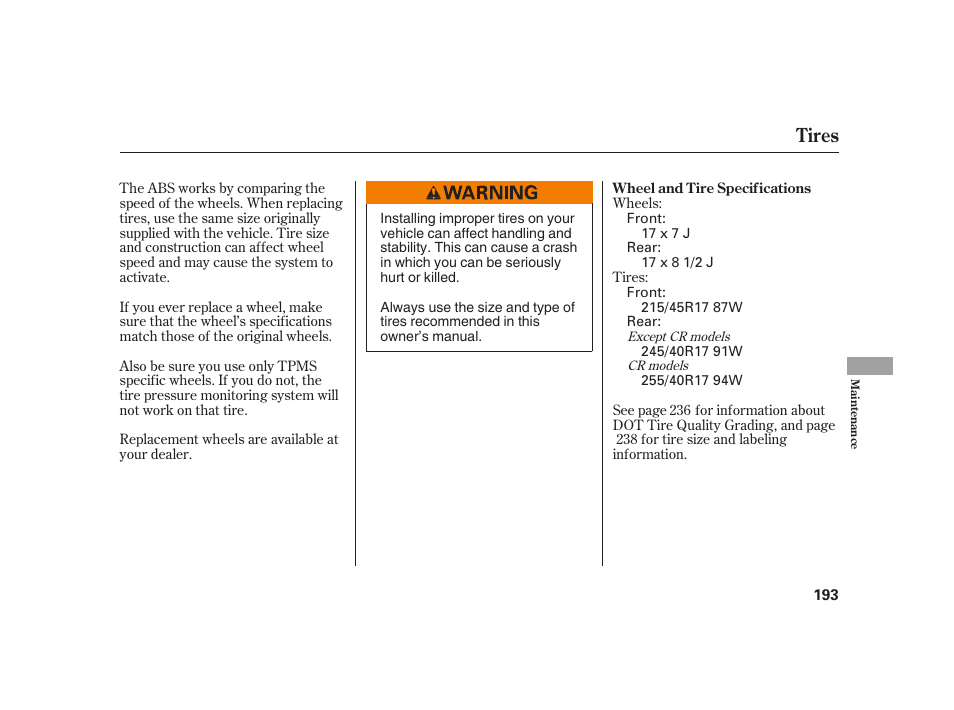 Tires | HONDA 2008 S2000 User Manual | Page 199 / 270