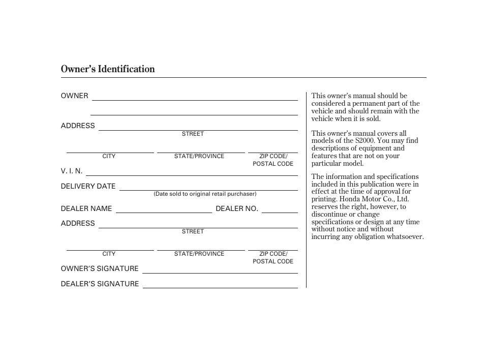 Owner’s identification | HONDA 2008 S2000 User Manual | Page 2 / 270