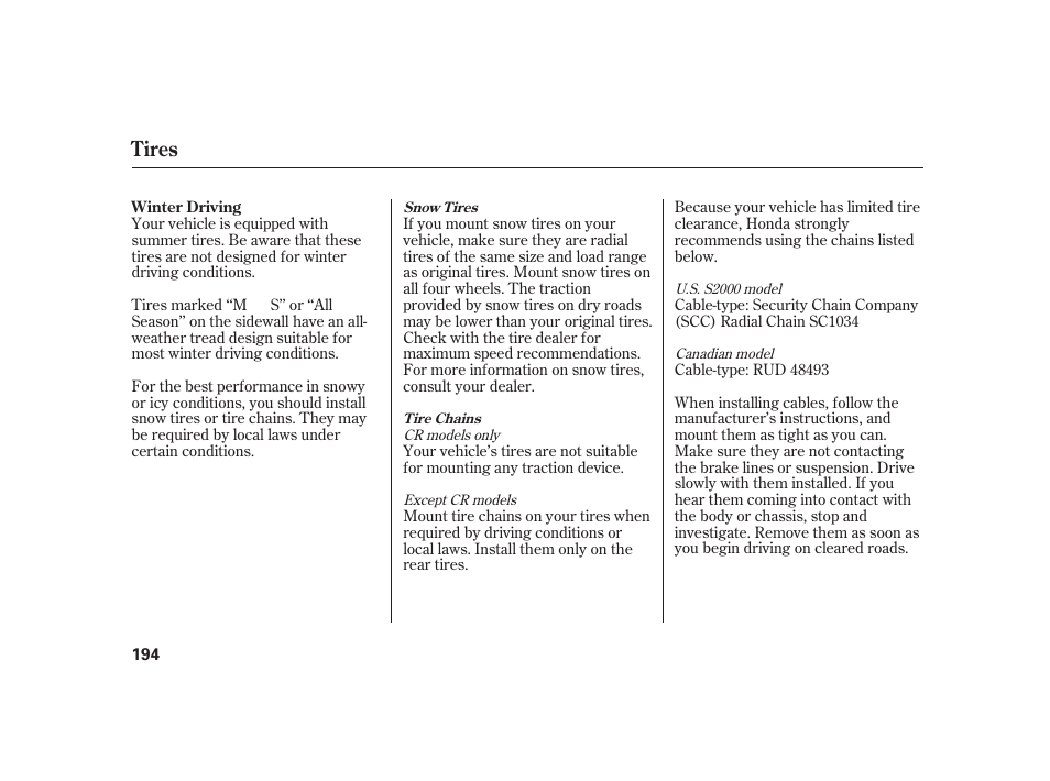 Tires | HONDA 2008 S2000 User Manual | Page 200 / 270