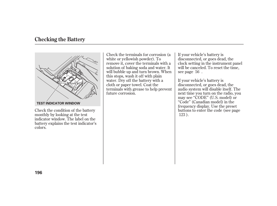 Checking the battery | HONDA 2008 S2000 User Manual | Page 202 / 270