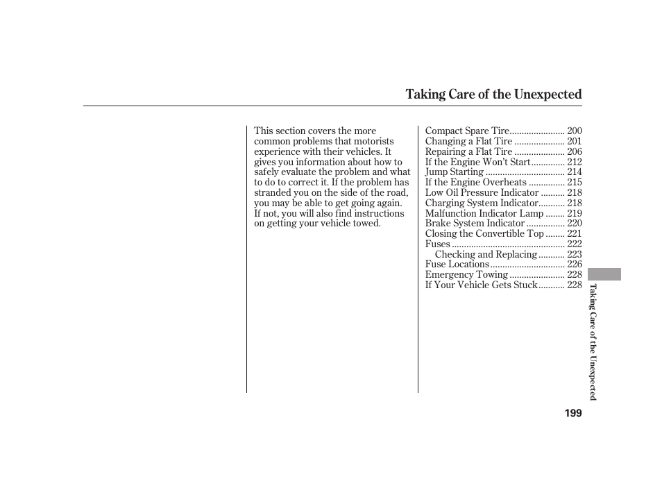 Taking care of the unexpected | HONDA 2008 S2000 User Manual | Page 205 / 270