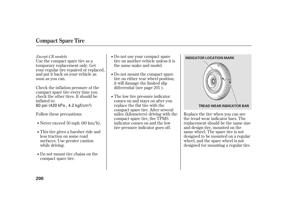 Compact spare tire | HONDA 2008 S2000 User Manual | Page 206 / 270