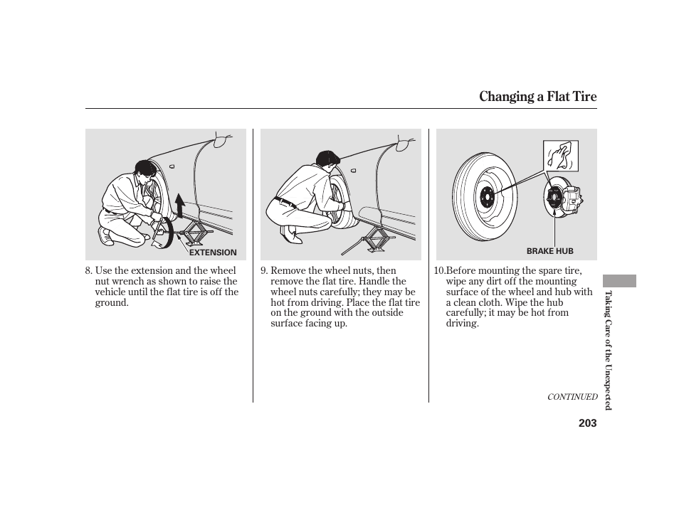 Changing a flat tire | HONDA 2008 S2000 User Manual | Page 209 / 270