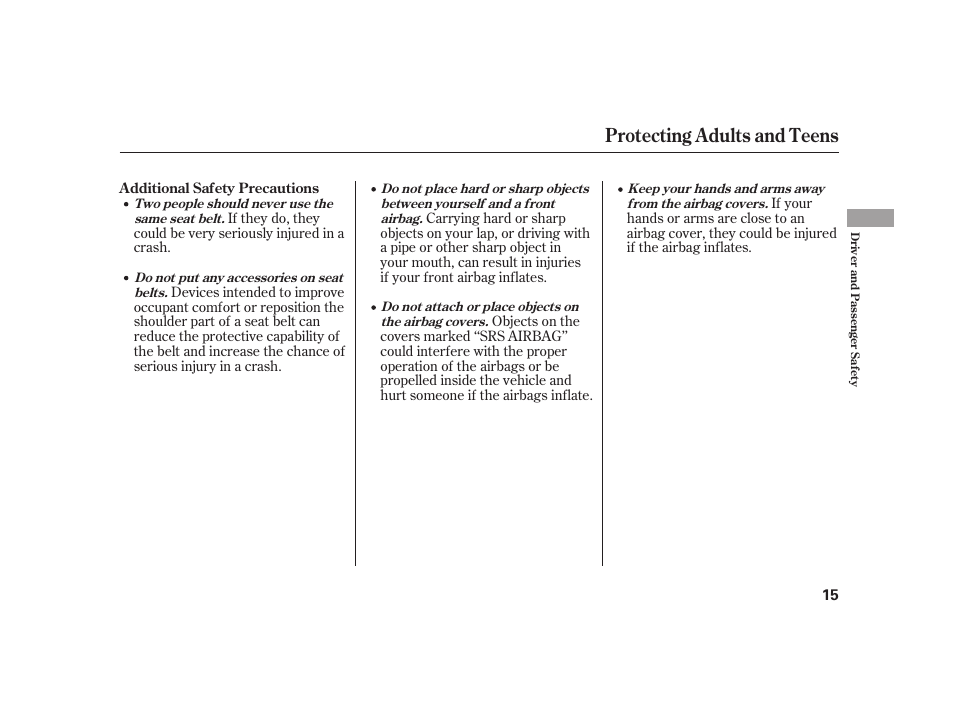 Protecting adults and teens | HONDA 2008 S2000 User Manual | Page 21 / 270