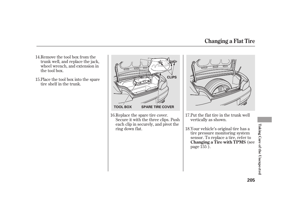 Changing a flat tire | HONDA 2008 S2000 User Manual | Page 211 / 270