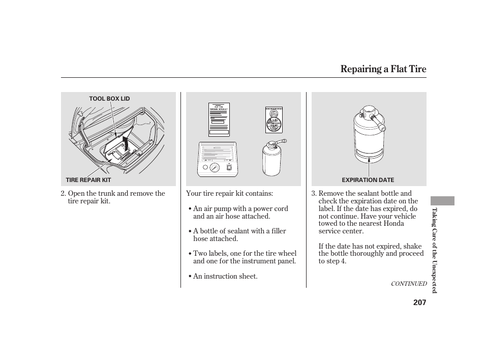 Repairing a flat tire | HONDA 2008 S2000 User Manual | Page 213 / 270