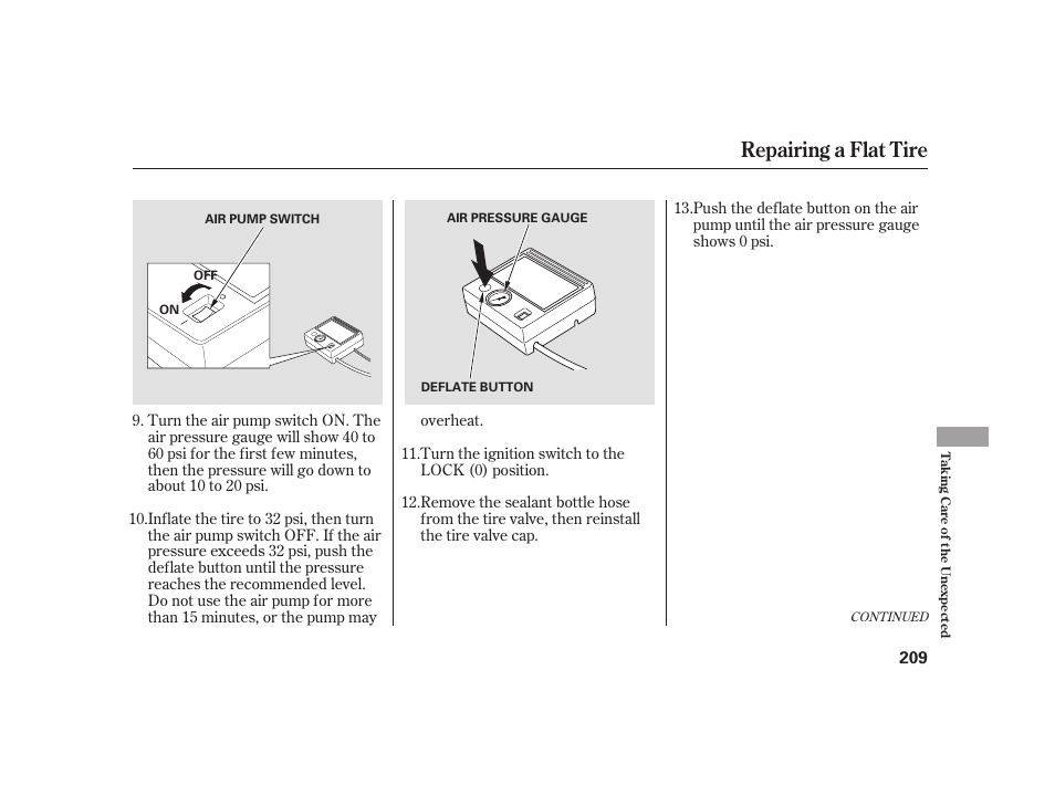 Repairing a flat tire | HONDA 2008 S2000 User Manual | Page 215 / 270