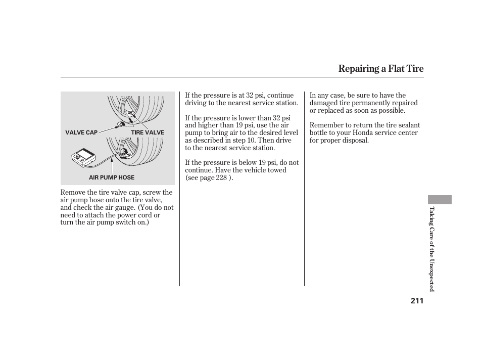 Repairing a flat tire | HONDA 2008 S2000 User Manual | Page 217 / 270