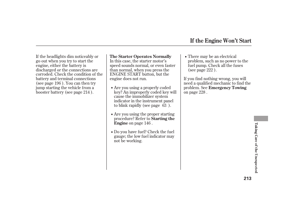 If the engine won’t start | HONDA 2008 S2000 User Manual | Page 219 / 270