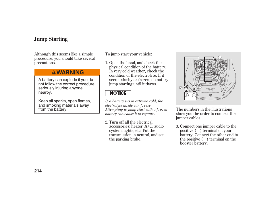 Jump starting | HONDA 2008 S2000 User Manual | Page 220 / 270