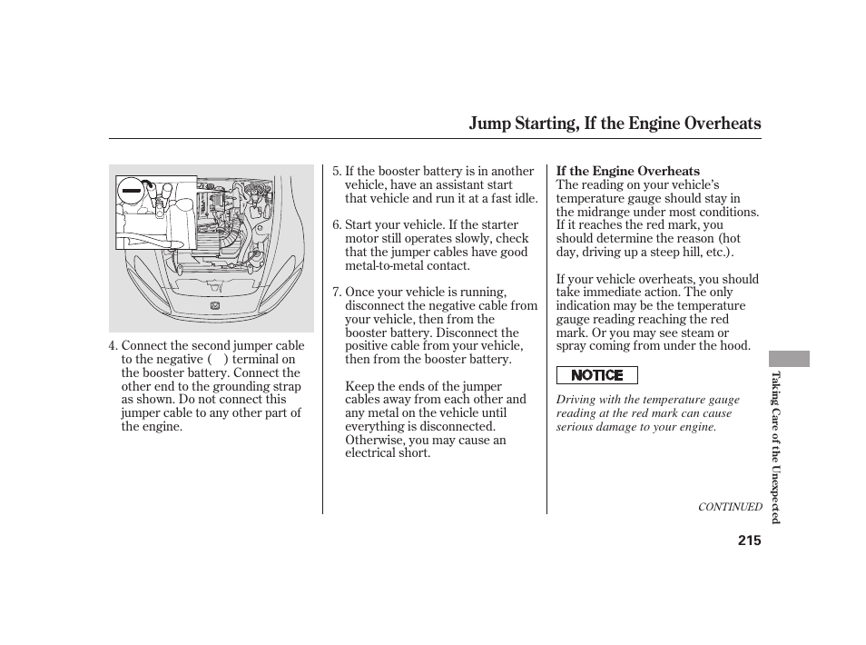 Jump starting, if the engine overheats | HONDA 2008 S2000 User Manual | Page 221 / 270