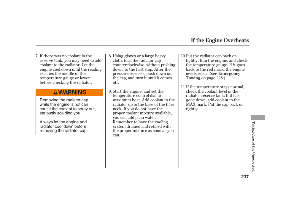 If the engine overheats | HONDA 2008 S2000 User Manual | Page 223 / 270