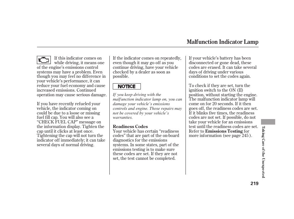 Malfunction indicator lamp | HONDA 2008 S2000 User Manual | Page 225 / 270