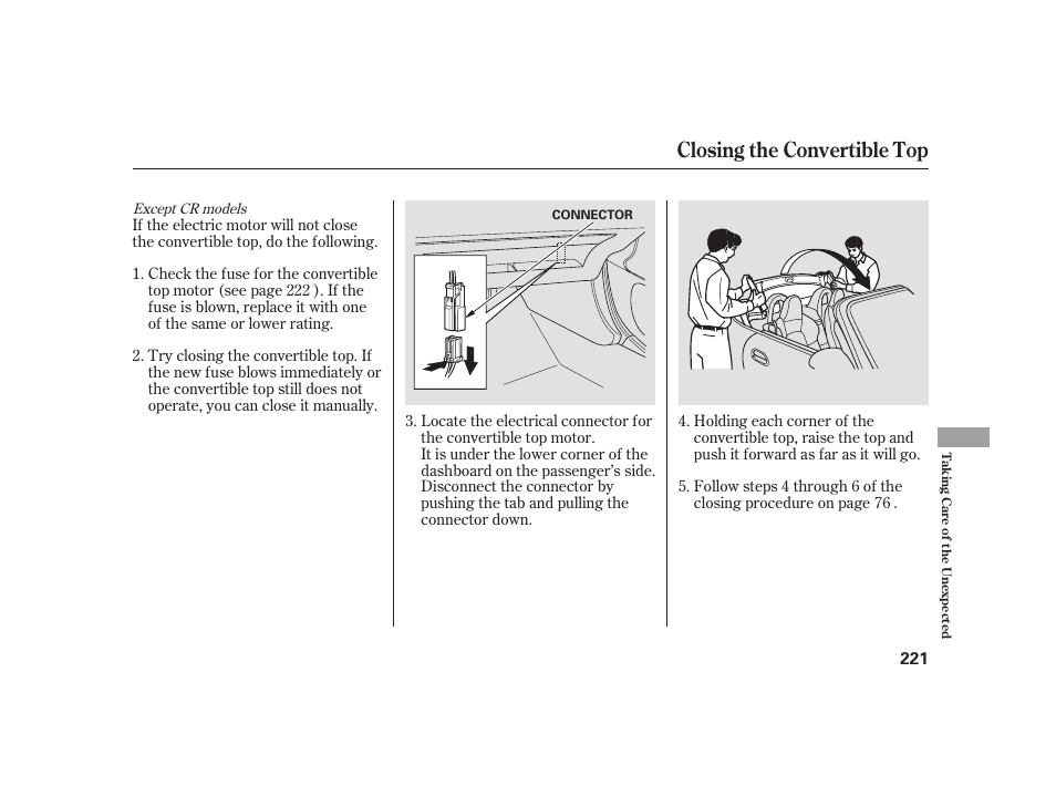 Closing the convertible top | HONDA 2008 S2000 User Manual | Page 227 / 270