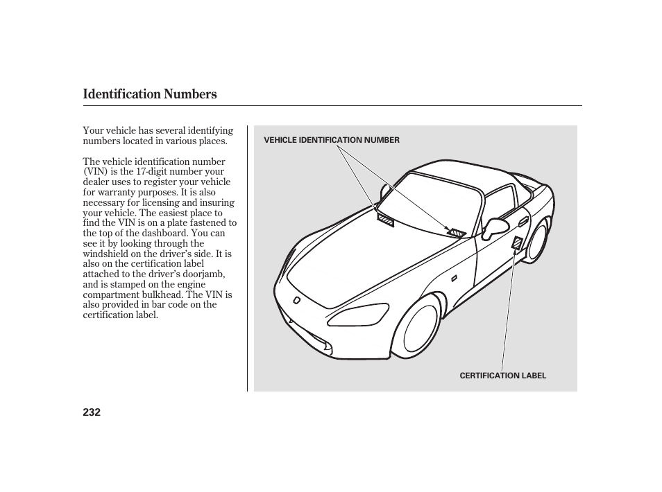 Identification numbers | HONDA 2008 S2000 User Manual | Page 238 / 270