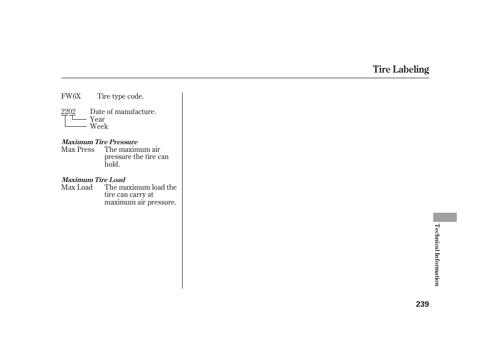 Tire labeling | HONDA 2008 S2000 User Manual | Page 245 / 270