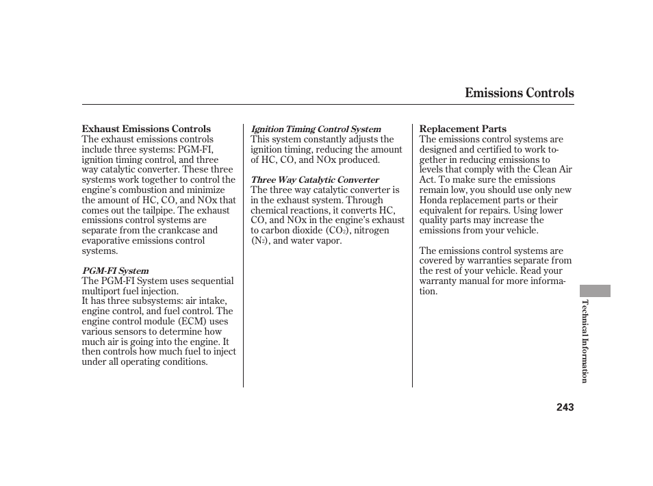 Emissions controls | HONDA 2008 S2000 User Manual | Page 249 / 270