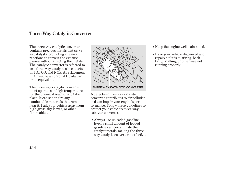 Three way catalytic converter | HONDA 2008 S2000 User Manual | Page 250 / 270