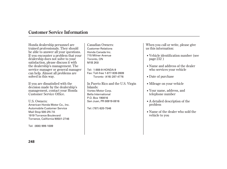 Customer service information | HONDA 2008 S2000 User Manual | Page 254 / 270