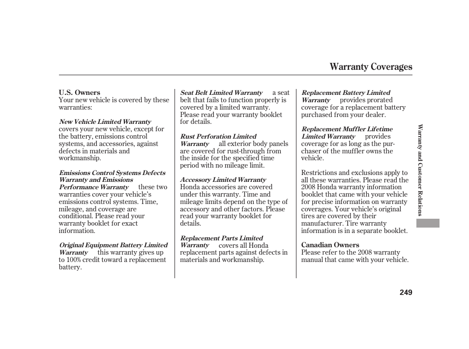 Warranty coverages | HONDA 2008 S2000 User Manual | Page 255 / 270