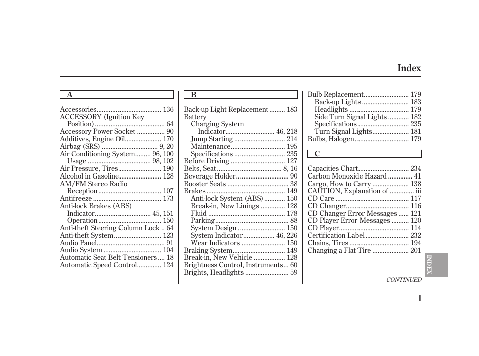 Index | HONDA 2008 S2000 User Manual | Page 259 / 270
