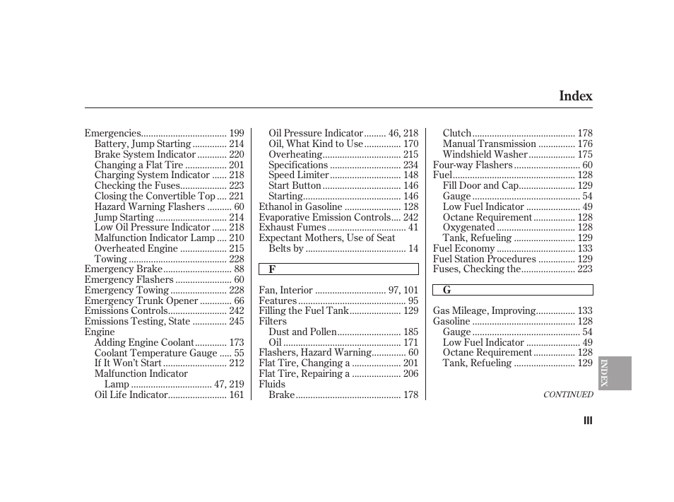 Index | HONDA 2008 S2000 User Manual | Page 261 / 270