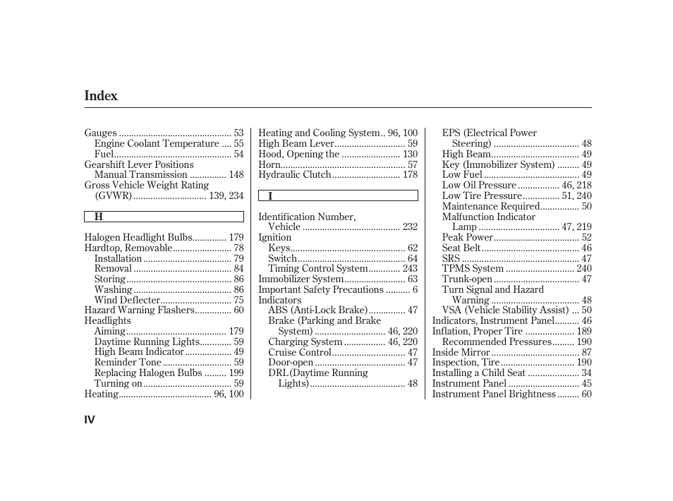 Index | HONDA 2008 S2000 User Manual | Page 262 / 270