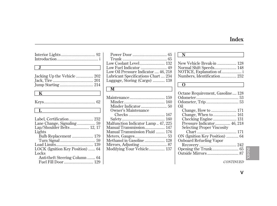 Index | HONDA 2008 S2000 User Manual | Page 263 / 270