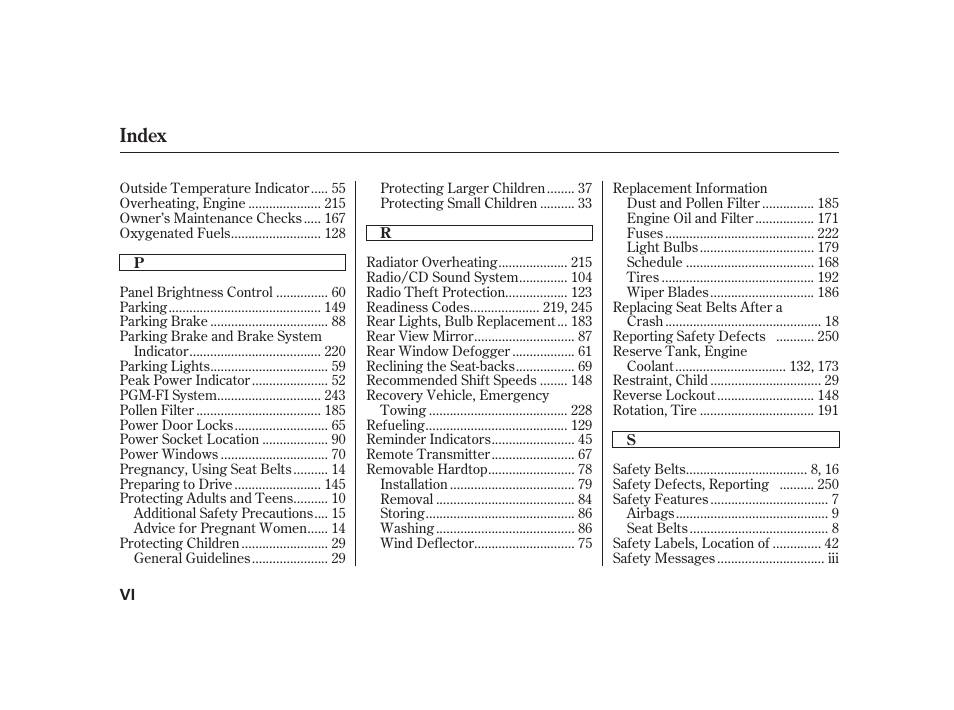 Index | HONDA 2008 S2000 User Manual | Page 264 / 270