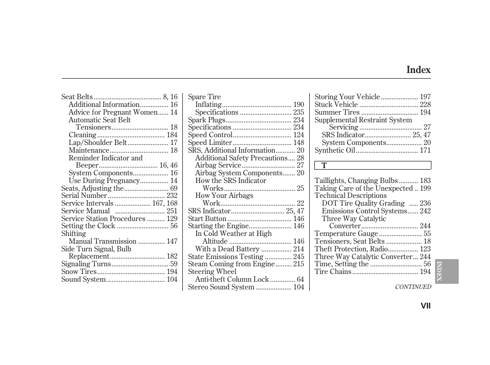 Index | HONDA 2008 S2000 User Manual | Page 265 / 270