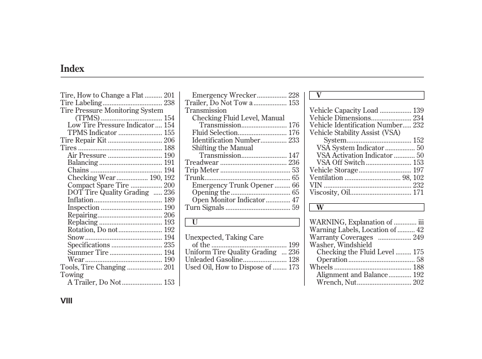 Index | HONDA 2008 S2000 User Manual | Page 266 / 270