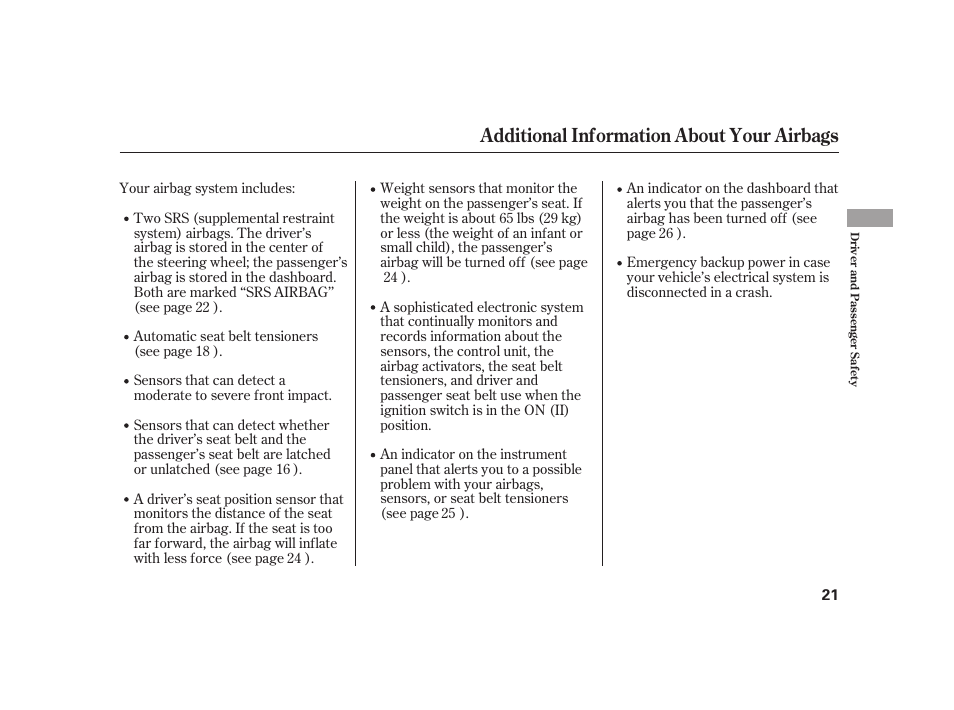 Additional information about your airbags | HONDA 2008 S2000 User Manual | Page 27 / 270