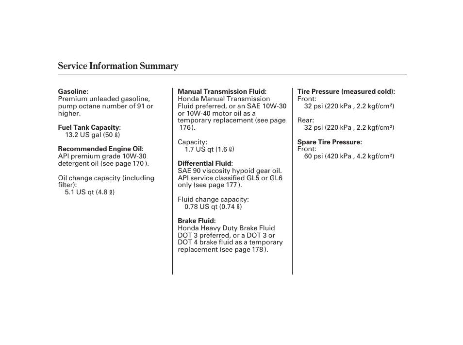 Service information summary | HONDA 2008 S2000 User Manual | Page 270 / 270