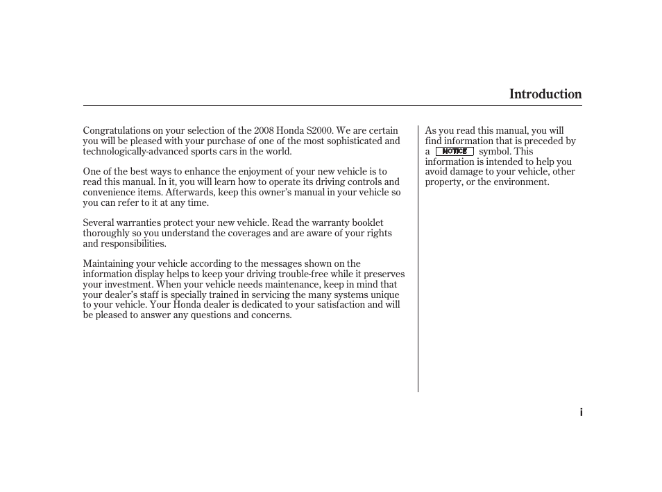 Introduction | HONDA 2008 S2000 User Manual | Page 3 / 270