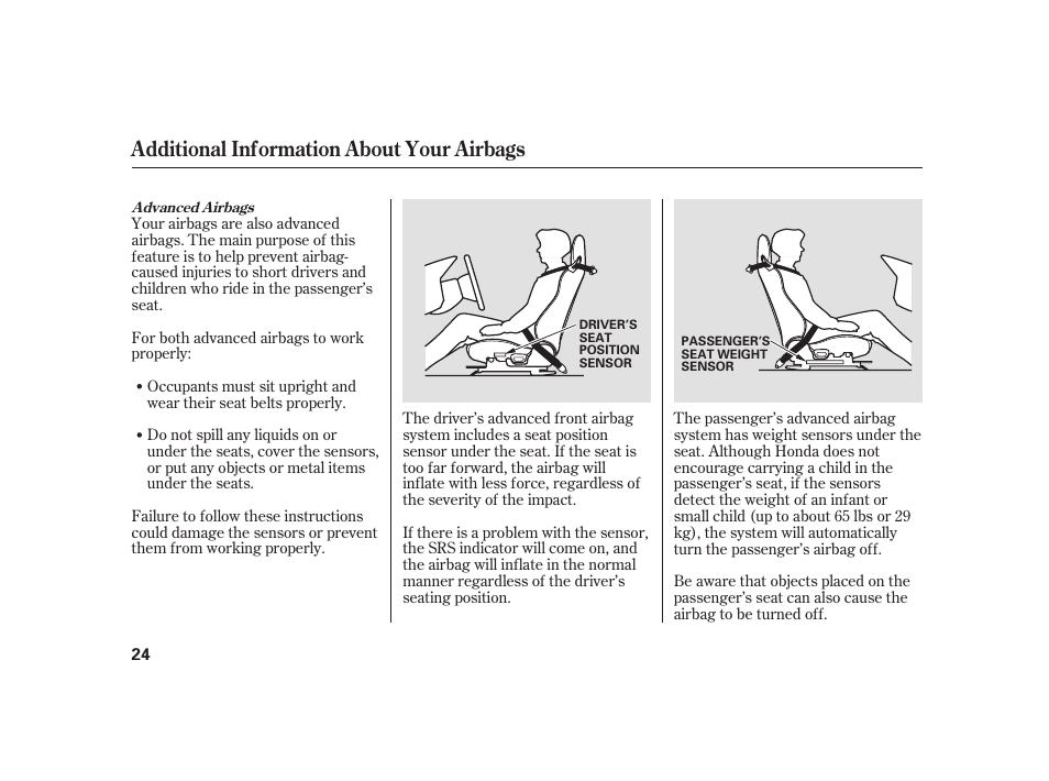 Additional information about your airbags | HONDA 2008 S2000 User Manual | Page 30 / 270