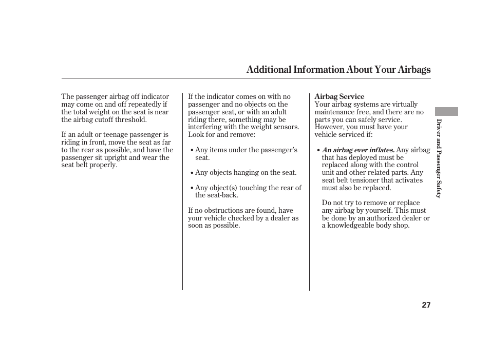 Additional information about your airbags | HONDA 2008 S2000 User Manual | Page 33 / 270