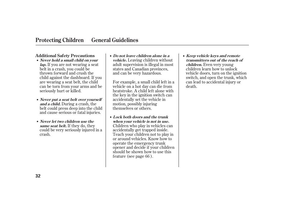 Protecting children general guidelines | HONDA 2008 S2000 User Manual | Page 38 / 270