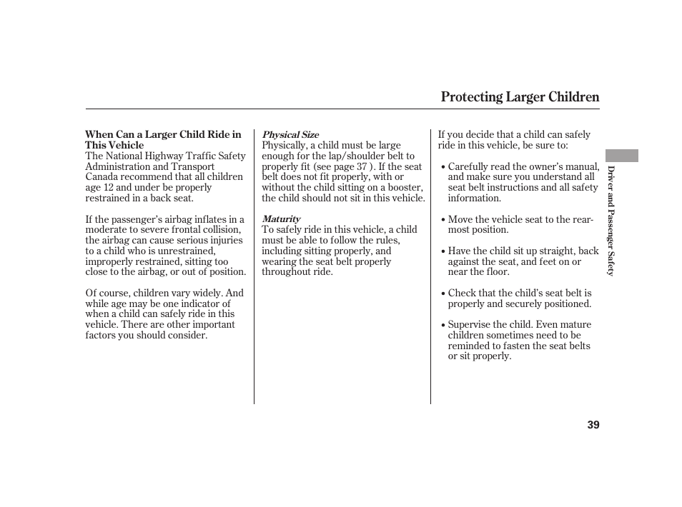 Protecting larger children | HONDA 2008 S2000 User Manual | Page 45 / 270