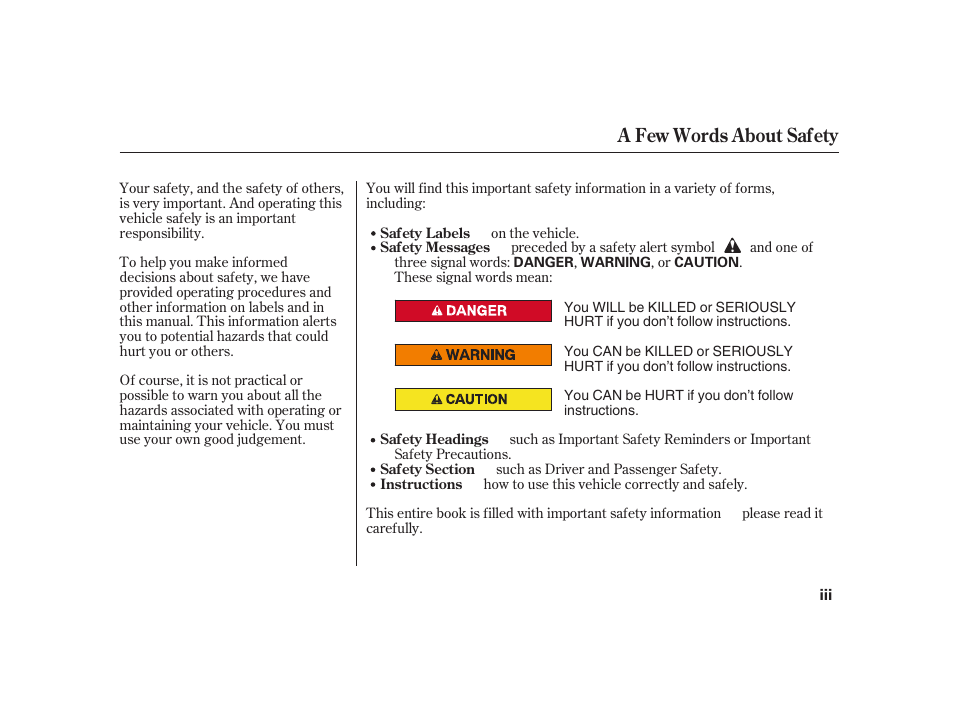 A few words about safety | HONDA 2008 S2000 User Manual | Page 5 / 270