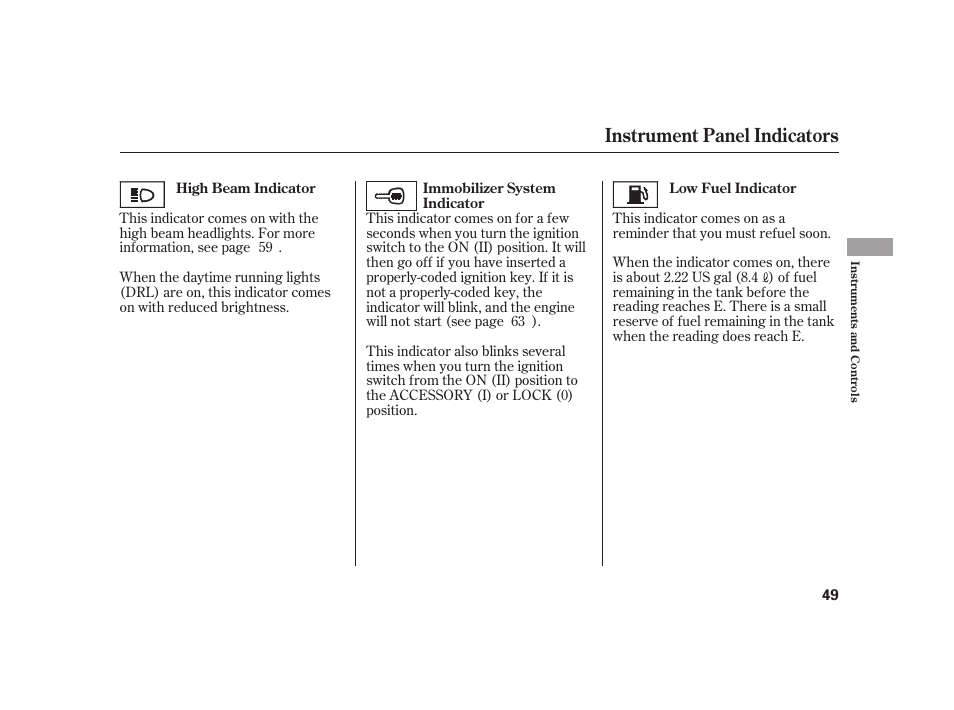 Instrument panel indicators | HONDA 2008 S2000 User Manual | Page 55 / 270